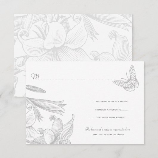 Butterfly Lilies Silver 25th Wedding Jubileum RSVP Kaartje (Voorkant / Achterkant)