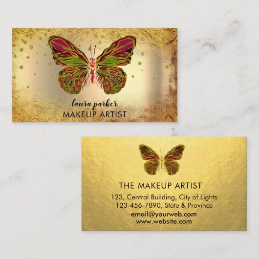 Butterfly Logo Gold Glitter Girly Modern Rainbow B Visitekaartje (Voorkant / Achterkant)