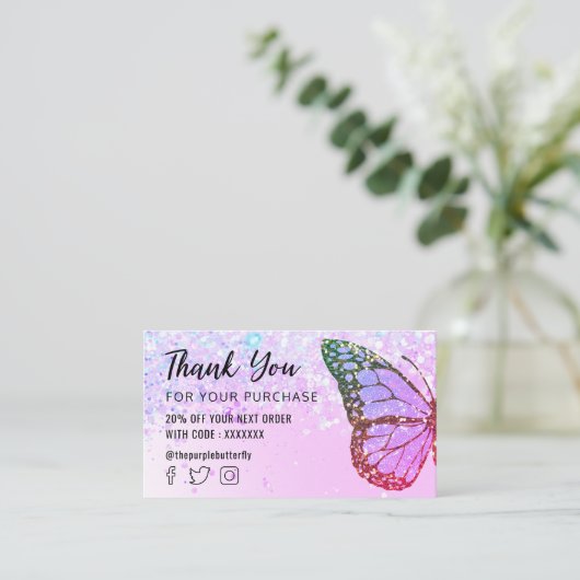 Butterfly logo op faux glitter bedankt visitekaartje (Staand voorkant)