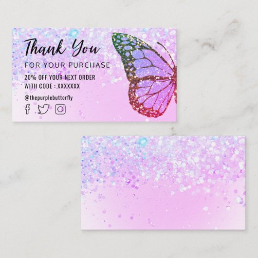 Butterfly logo op faux glitter bedankt visitekaartje (Voorkant / Achterkant)
