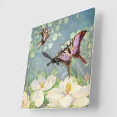 Butterfly Magnolia Floral Blue Waterverf Vierkante Klok (Hoek)