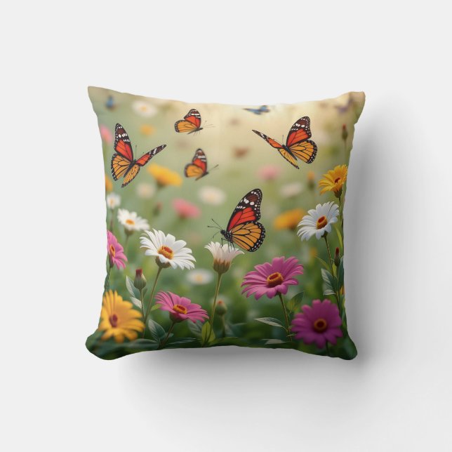 Butterfly Meadow Seamless Pattern Vibrant Flowers Kussen (Voorkant)