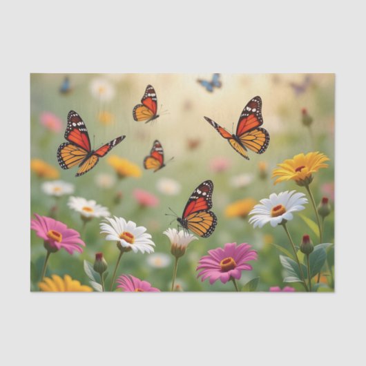 Butterfly Meadow Seamless Pattern Vibrant Flowers Tissuepapier (Voorkant)