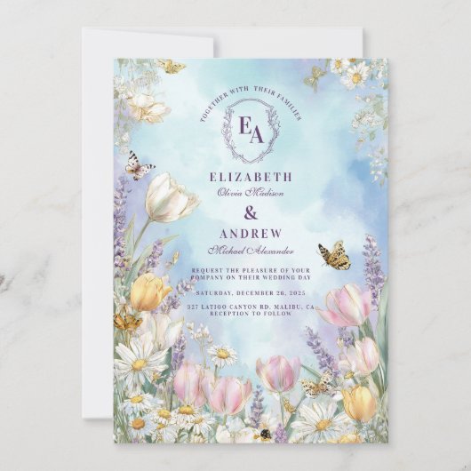 Butterfly Meadow Spring Floral Wedding Kaart (Voorkant)