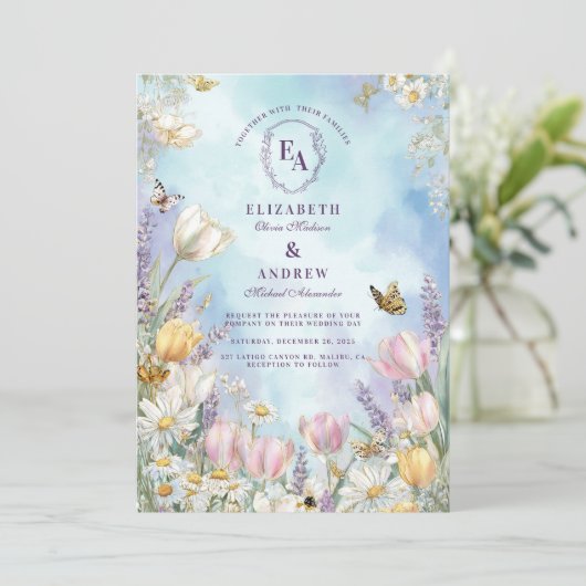 Butterfly Meadow Spring Floral Wedding Kaart (Staand voorkant)