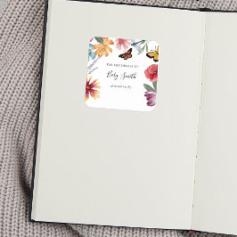 Butterfly Meadows Baby shower Bookplate Vierkante Sticker