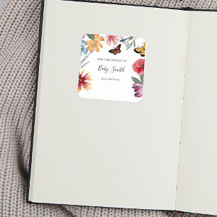 Butterfly Meadows Baby shower Bookplate Vierkante Sticker