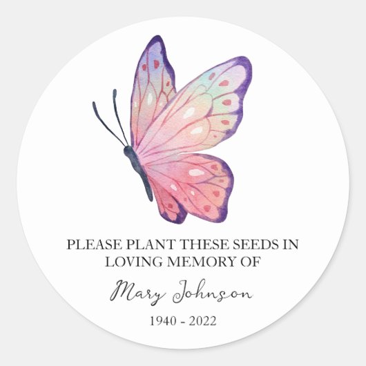 Butterfly Memorial Funeral Seed Packet Ronde Sticker (Voorkant)