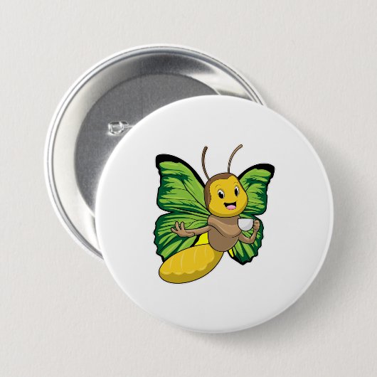 Butterfly met beker koffie ronde button 7,6 cm (Voorkant /achterkant)