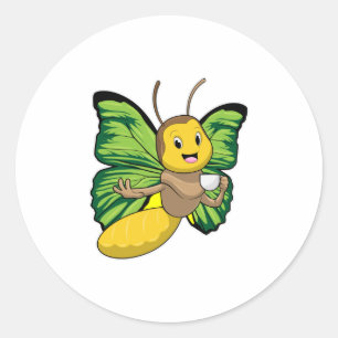 Butterfly met beker koffie ronde sticker
