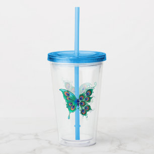 Butterfly met Green Peacock Feathers Acryl Drinkbeker