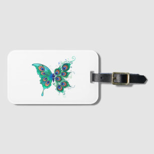 Butterfly met Green Peacock Feathers Bagagelabel