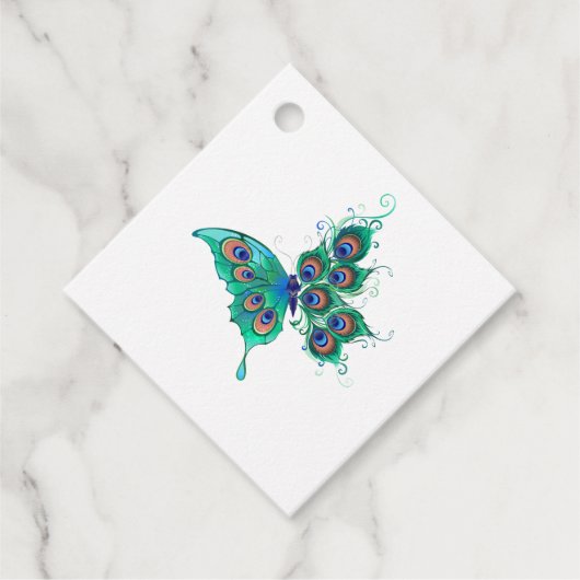 Butterfly met Green Peacock Feathers Bedankjes Labels (Voorkant)