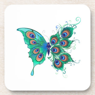 Butterfly met Green Peacock Feathers Bier Onderzetter