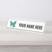 Butterfly met Green Peacock Feathers Bureau Naambordje (Voorkant)