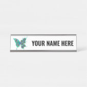 Butterfly met Green Peacock Feathers Bureau Naambordje (Voorkant)