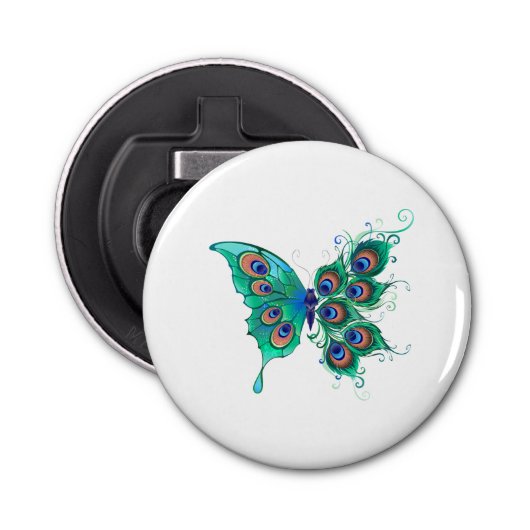 Butterfly met Green Peacock Feathers Button Flesopener (Voorkant)