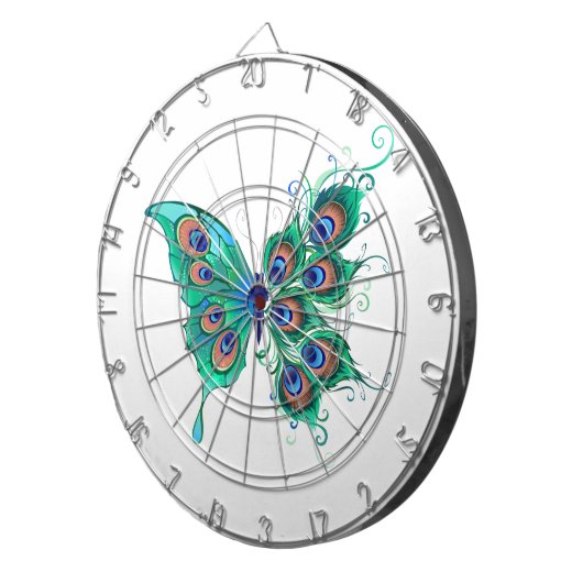 Butterfly met Green Peacock Feathers Dartbord (Voorkant Rechts)