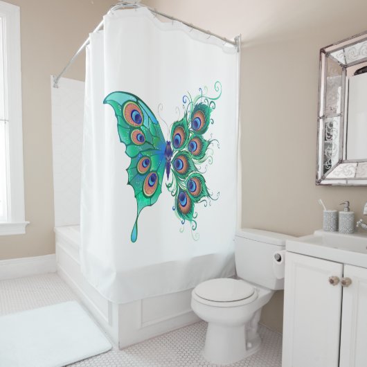 Butterfly met Green Peacock Feathers Douchegordijn (In situ)