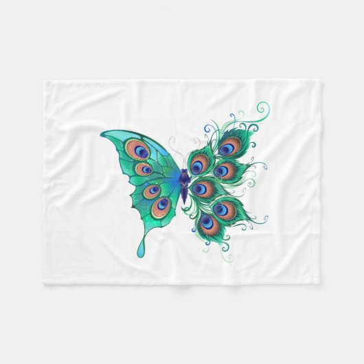 Butterfly met Green Peacock Feathers Fleece Deken (Voorkant (Horizontaal))