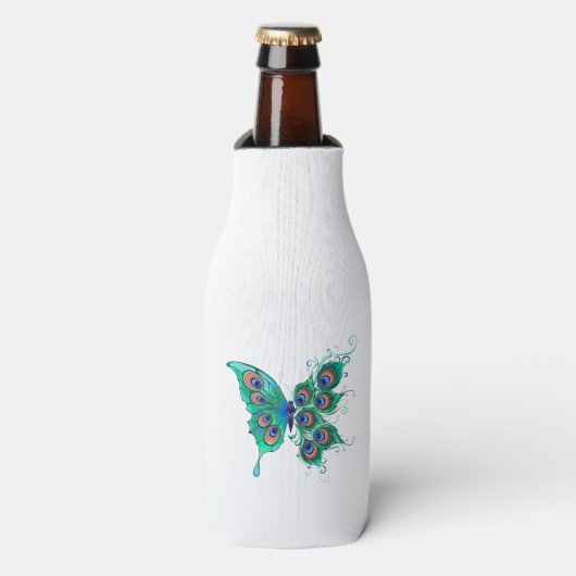 Butterfly met Green Peacock Feathers Flesjeskoeler (Fles Voorkant)