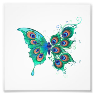 Butterfly met Green Peacock Feathers Foto Afdruk