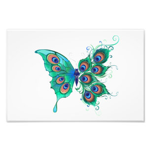 Butterfly met Green Peacock Feathers Foto Afdruk