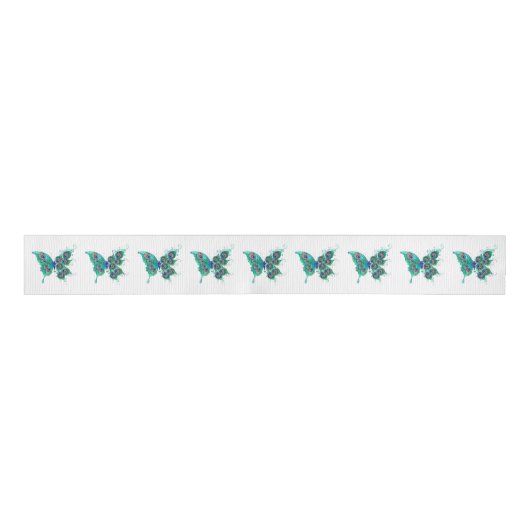 Butterfly met Green Peacock Feathers Grosgrain Lint (Voorkant)