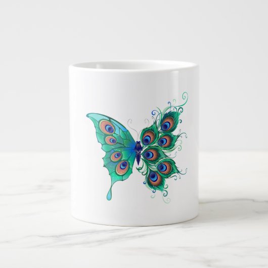 Butterfly met Green Peacock Feathers Grote Koffiekop (Voorkant)