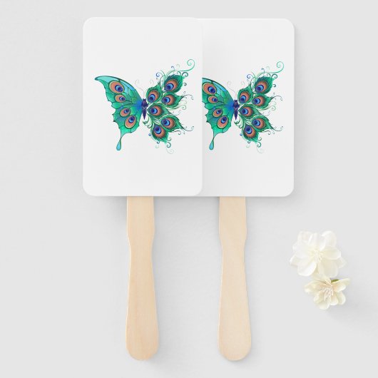 Butterfly met Green Peacock Feathers Handwaaier (Voorkant en achterkant)