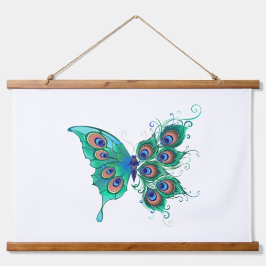 Butterfly met Green Peacock Feathers Hangend Wandkleed (Voorkant)