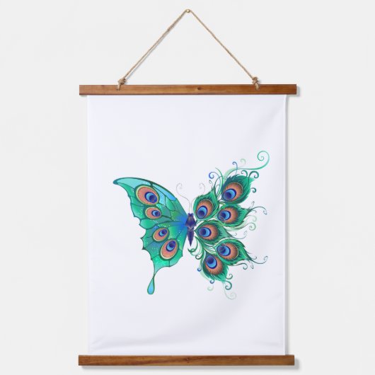 Butterfly met Green Peacock Feathers Hangend Wandkleed (Voorkant)