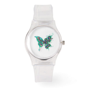 Butterfly met Green Peacock Feathers Horloge