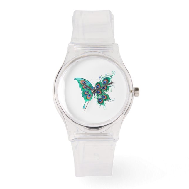Butterfly met Green Peacock Feathers Horloge (Voorkant)