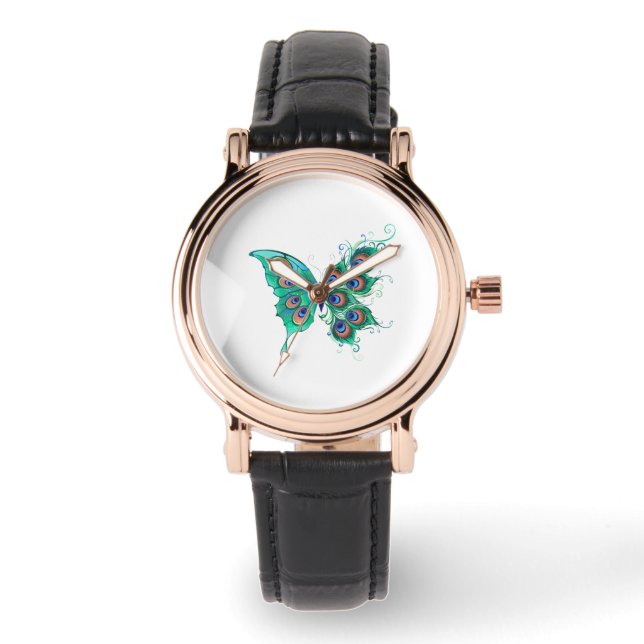 Butterfly met Green Peacock Feathers Horloge (Voorkant)