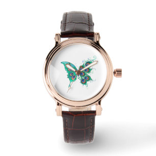 Butterfly met Green Peacock Feathers Horloge