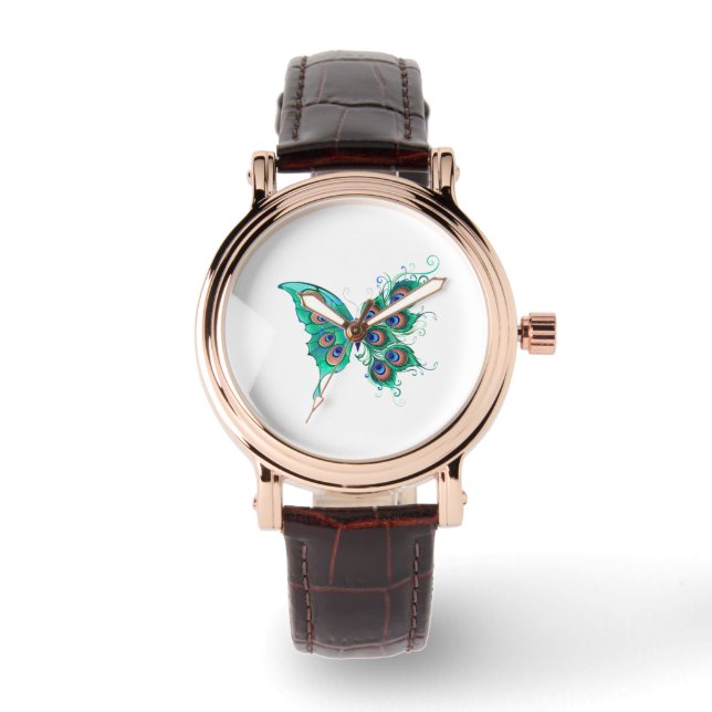 Butterfly met Green Peacock Feathers Horloge (Voorkant)