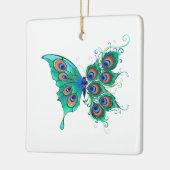 Butterfly met Green Peacock Feathers Keramisch Ornament (Links)