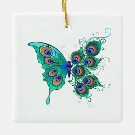 Butterfly met Green Peacock Feathers Keramisch Ornament (Voorkant)