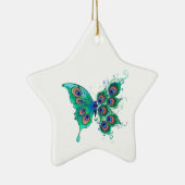 Butterfly met Green Peacock Feathers Keramisch Ornament (Rechts)