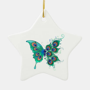 Butterfly met Green Peacock Feathers Keramisch Ornament