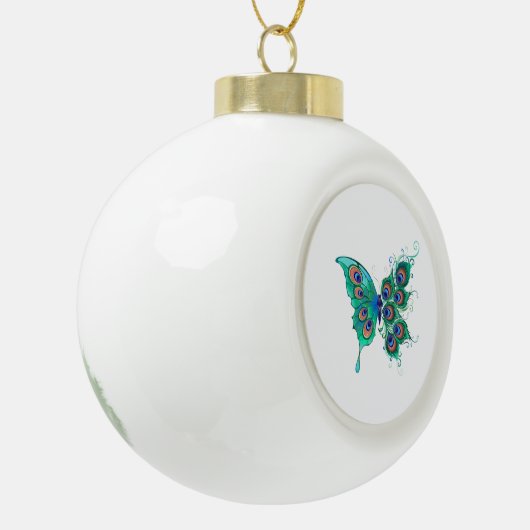 Butterfly met Green Peacock Feathers Keramische Bal Ornament (Links)