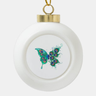 Butterfly met Green Peacock Feathers Keramische Bal Ornament