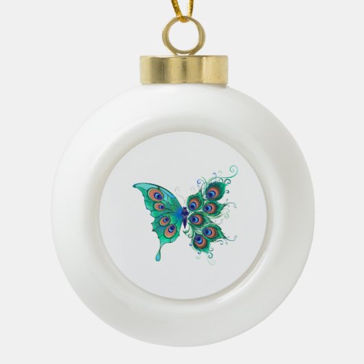 Butterfly met Green Peacock Feathers Keramische Bal Ornament (Voorkant)