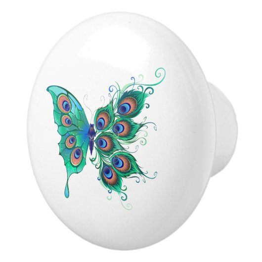 Butterfly met Green Peacock Feathers Keramische Knop (Rechts)