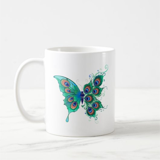 Butterfly met Green Peacock Feathers Koffiemok (Links)
