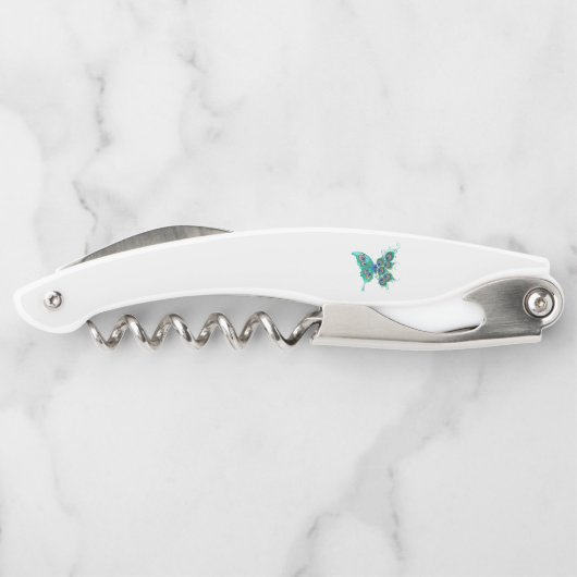 Butterfly met Green Peacock Feathers Kurkentrekker (Achterkant)