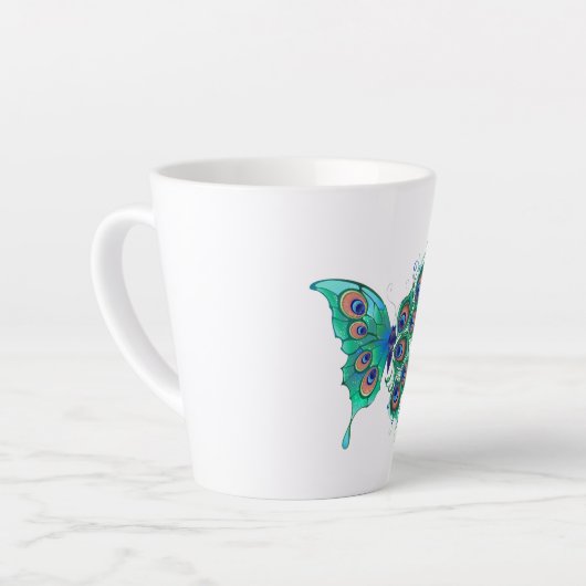 Butterfly met Green Peacock Feathers Latte Mok (Linkerhoek)