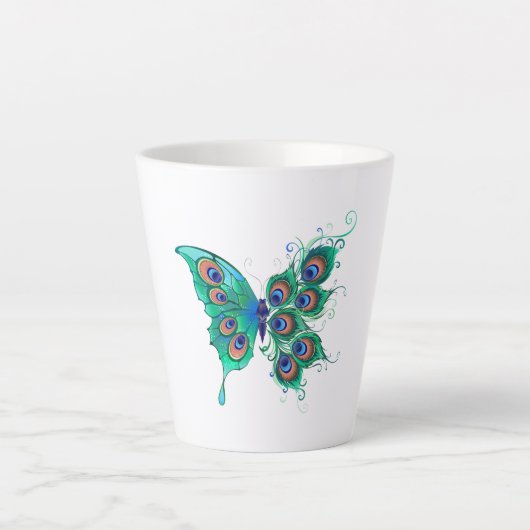 Butterfly met Green Peacock Feathers Latte Mok (Voorkant)