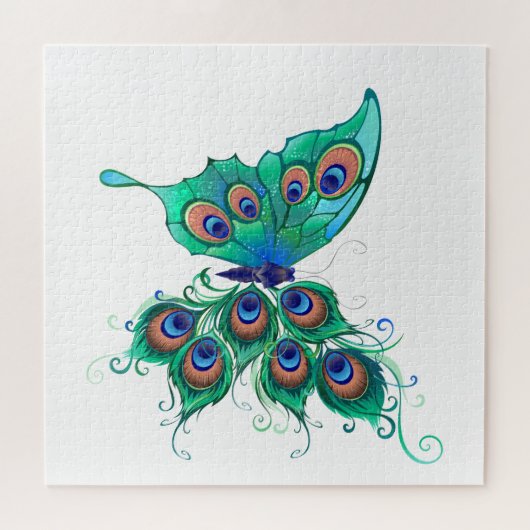 Butterfly met Green Peacock Feathers Legpuzzel (Horizontaal)